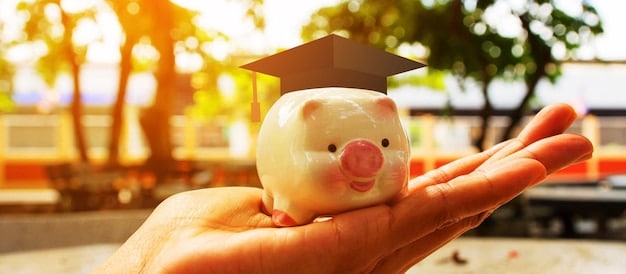 A person happily putting coins into a piggy bank with a graduation cap on top. This symbolizes saving for future education and retirement.