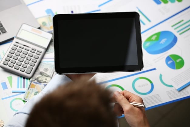 A detailed close-up of a person reviewing financial documents and using a calculator, with graphs and charts visible in the background, symbolizing thorough financial assessment.