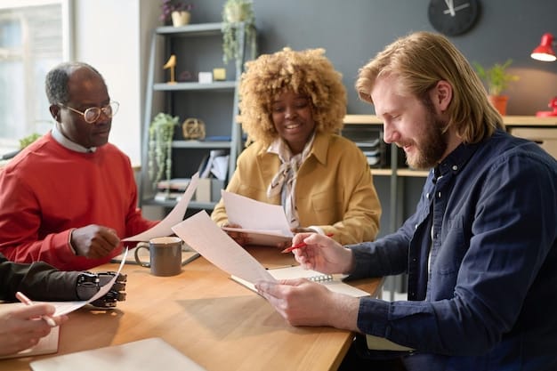 A diverse group of people collaborating around a table, reviewing legal documents and discussing financial strategies. The atmosphere is professional and supportive.