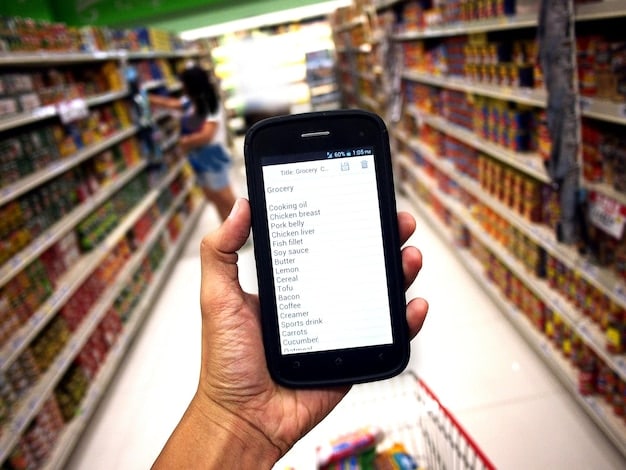 A close-up of a shopping list on a smartphone, with clearly organized items and categories. The background shows a grocery store aisle.