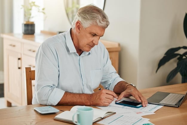 A person sitting at a desk, reviewing financial documents and using a calculator to estimate retirement expenses.