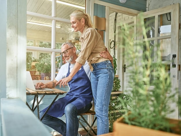An older couple sitting on a porch swing, reviewing their retirement savings plan together with contented expressions.