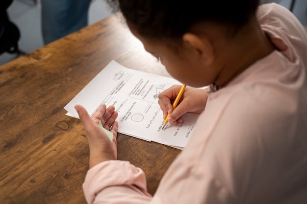 A close-up of a student's hand carefully filling out a scholarship application form, with a laptop in the background displaying scholarship opportunities and resources, emphasizing the importance of attention to detail and research.