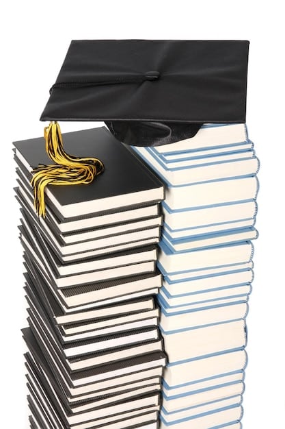 Stacks of books with a graduation cap on top, representing the academic achievement and scholarship opportunities available to students.