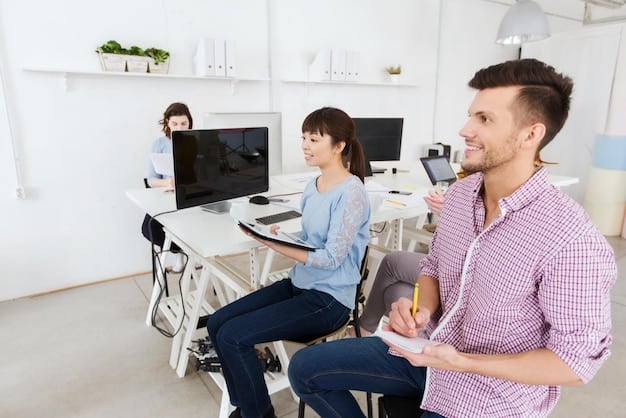A vocational rehabilitation counselor assisting a young adult with a disability in exploring career options on a computer. The scene is set in a bright and modern office environment.