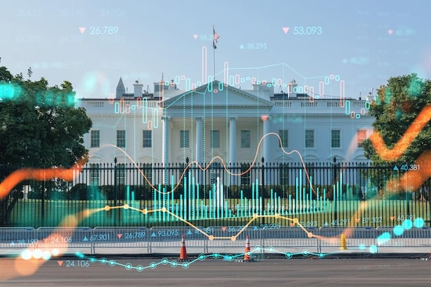 A depiction of the US Capitol building with overlaid graphics representing fluctuations in interest rates and economic data, symbolizing the influence of government policies and economic factors on student loan rates.