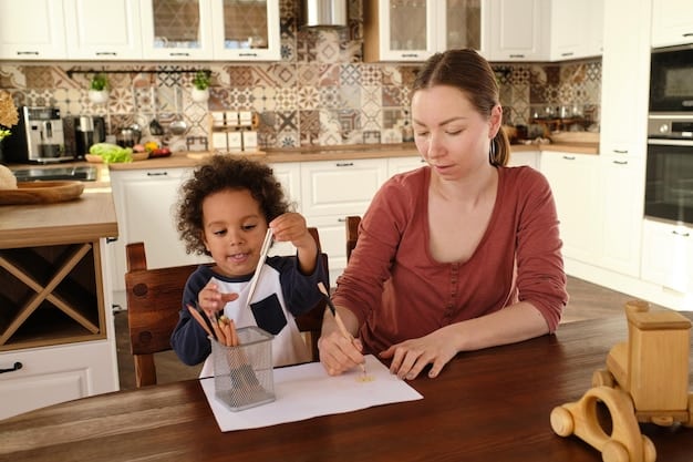 A parent talking to their child at a kitchen table, both smiling, with paperwork related to employer benefits visible on the table. The scene conveys a sense of support and planning for the child's education.