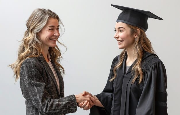 A student receiving a scholarship certificate at an awards ceremony. The student is smiling and shaking hands with a representative from the organization providing the scholarship.