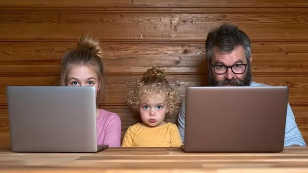 A split-screen image showing a happy student on one side and two parents (divorced or separated) on the other side, working together on a laptop.