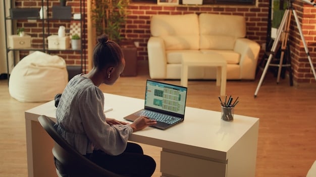 A person completing a micro-credential assessment online in a home office setup. The scene is focused on the screen, highlighting the assessment interface, with a blurred background to minimize distractions.