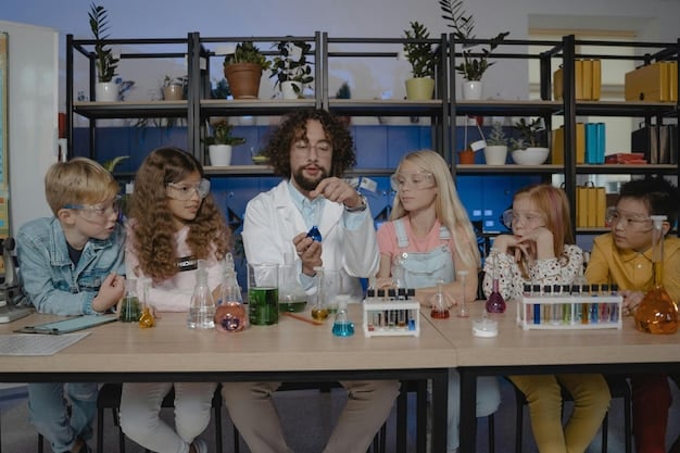 A science teacher demonstrating a chemical experiment to a group of attentive middle school students in a well-equipped laboratory. Safety goggles and lab coats are visible, emphasizing the importance of safety in scientific exploration.