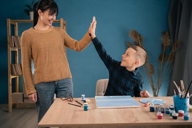 A teacher giving a high-five to a student with a learning disability, celebrating a small achievement in the classroom. The image emphasizes the importance of positive reinforcement and encouragement in fostering a supportive learning environment.
