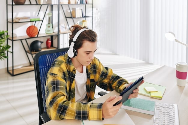 A student wearing headphones and using a tablet to participate in an online class from home, illustrating the flexibility and accessibility of online learning.
