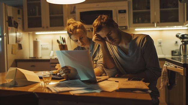 A family sitting at their kitchen table, looking stressed while reviewing college tuition bills. The scene is lit with warm, yet anxious light, emphasizing the emotional and financial strain.
