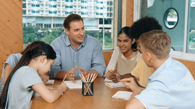 An educator talking with parents and students during a PTA meeting. Topics discussed involve security policies and safety measures at school.