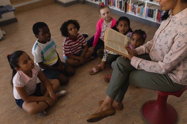 A diverse group of children sitting in a circle with their teacher during story time, emphasizing the importance of inclusive and accessible education funded by community and governmental support.