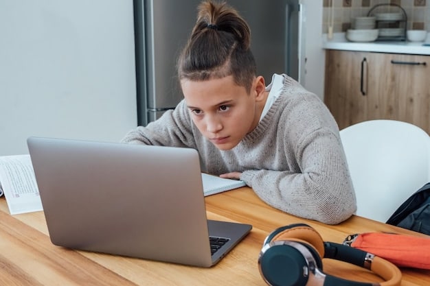 A student sitting at a desk, looking frustrated while trying to connect to the internet on a laptop. The background shows a simple, sparsely furnished room, suggesting a low-income household. The lighting is dim and the overall mood is one of struggle and frustration.