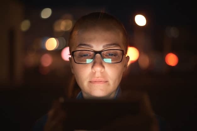 A close-up shot of a student's face illuminated by the glow of a phone screen in a dark room. The expression is one of anxiety and exhaustion, reflecting the potential negative impact of excessive social media use.