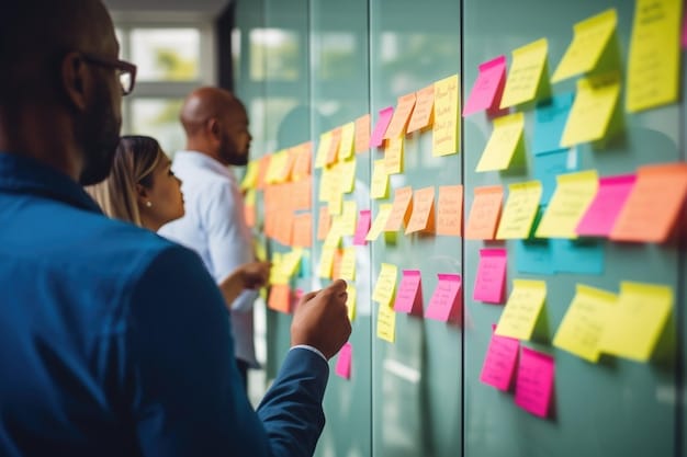 A close-up shot of various sticky notes attached to a glass wall in a brainstorming session. The notes contain keywords like 
