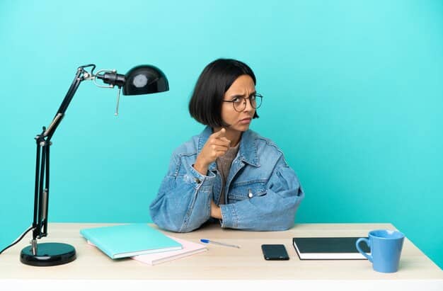 A person sitting at a desk, looking thoughtful while reviewing notes and brainstorming ideas on a whiteboard. The whiteboard contains sketches and diagrams related to personal development and skills improvement.