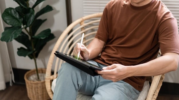 A person journaling or using a digital tool to list their skills, interests, and values, symbolizing self-assessment. The setting appears to be a cozy home environment with natural light.