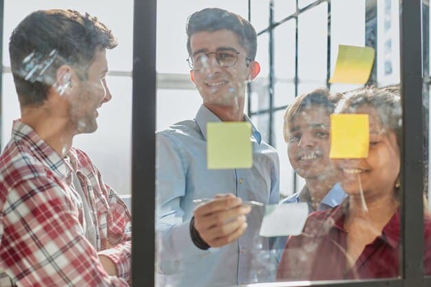 A diverse group of professionals brainstorming in a modern office, with sticky notes on a glass wall filled with ideas. The atmosphere is collaborative and energetic.