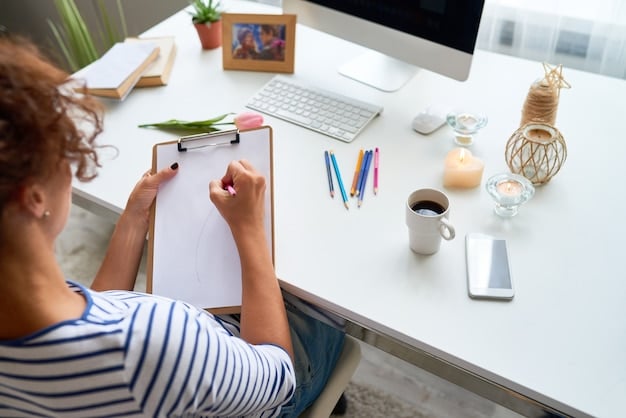 A desk with a person organizing and listing tasks in order of priority. The person is writing tasks out on sticky notes with various colors to show emphasis on importance. The scene is calm and organized with soft lighting.
