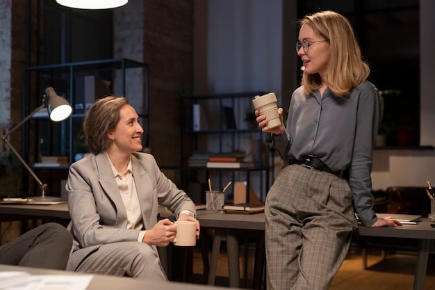 A businesswoman calmly declining a request from a colleague in a modern office setting, while smiling and maintaining eye contact.