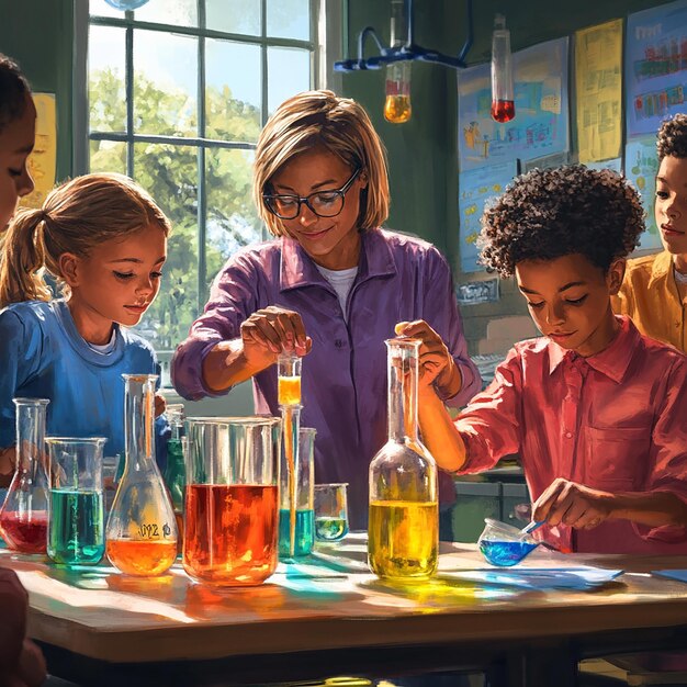 A teacher guiding a group of elementary school students through a science experiment with colorful beakers and test tubes, emphasizing hands-on learning and scientific discovery.