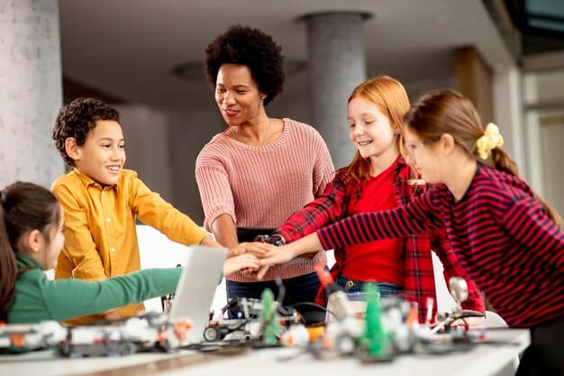 A female engineer mentoring a group of middle school girls in a robotics workshop, encouraging their interest in STEM and providing hands-on experience.