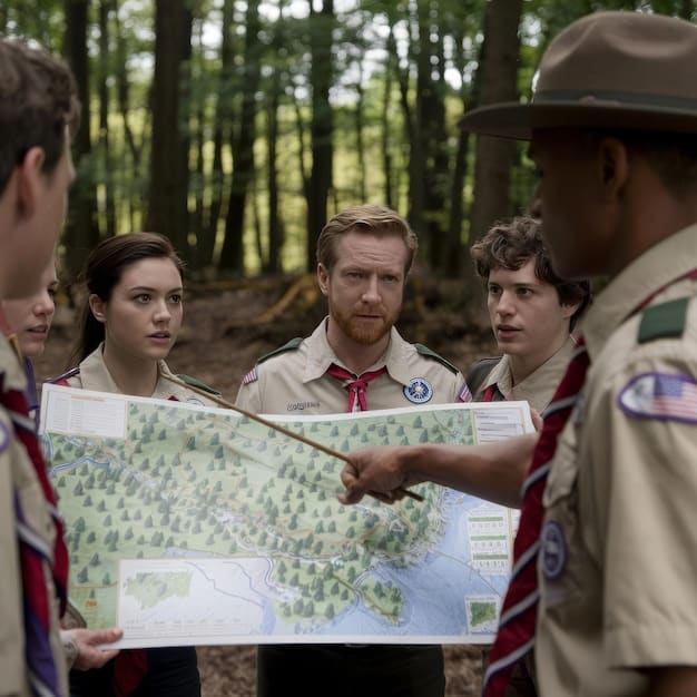 A park ranger explaining the new rules of the National Park Pass program to a group of tourists. The scene is set in a visitor center, with maps and brochures visible in the background.