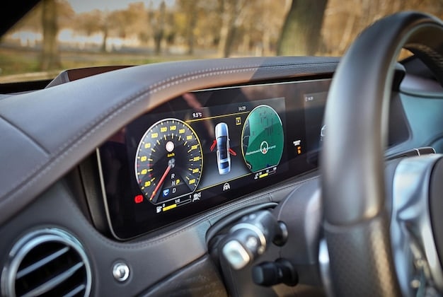 A detailed close-up of a dashboard in a modern car, showcasing GPS navigation, fuel gauge, and other essential indicators for a long road trip.