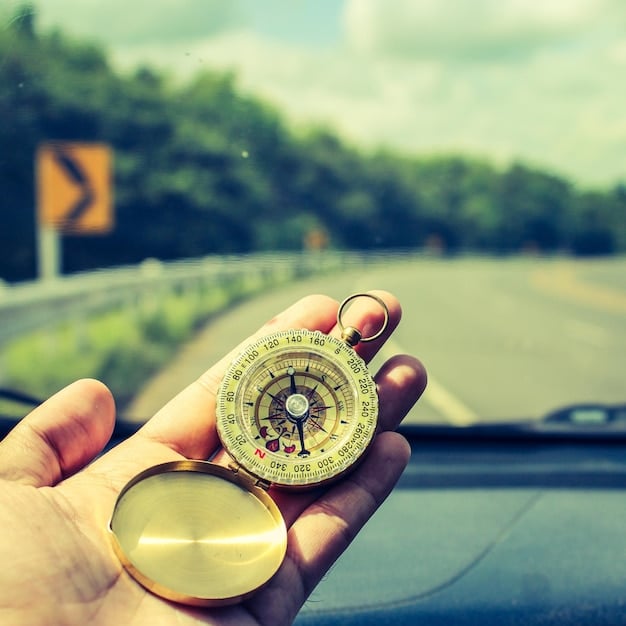 A vintage map spread out on a car dashboard, with a compass resting on top. Sunlight streams through the windshield, illuminating the map and creating a sense of adventure.