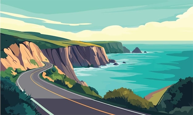 A winding coastal highway with the Pacific Ocean on one side and steep cliffs on the other. The sun is setting, casting a warm glow on the water and the road. A classic convertible car is driving along the highway.