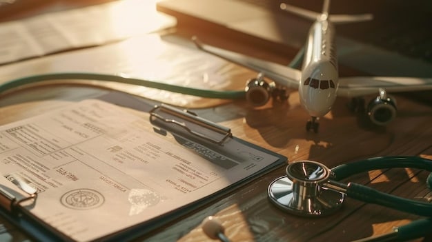A close-up shot of a travel insurance policy document highlighting key coverage areas like medical expenses, trip cancellation, and lost luggage. The image emphasizes the importance of carefully reviewing the policy details and understanding the coverage limits for each category.