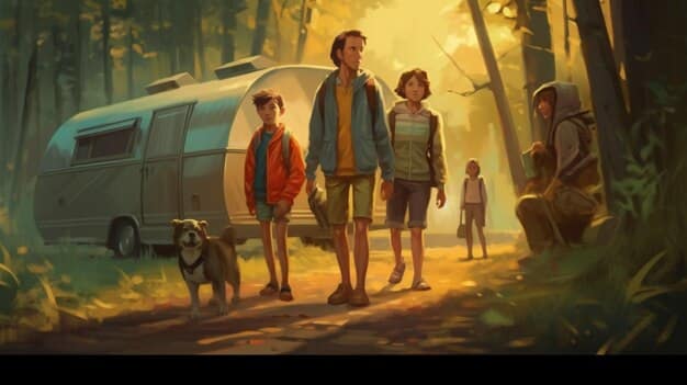 A family stands proudly in front of their Class C RV, parked near a lake with mountains in the background, illustrating the joy of RV travel.