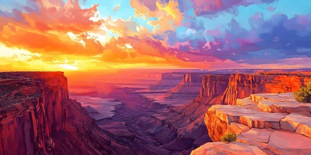 A panoramic view of the Grand Canyon at sunset, with vibrant colors painting the sky and the vast canyon stretching into the distance. A family is standing at the edge, silhouetted against the setting sun.