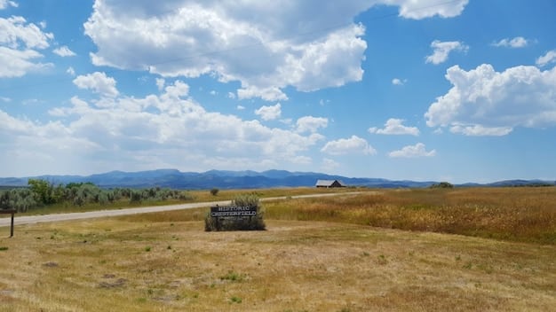 A wide shot of the plains at Little Bighorn Battlefield National Monument, Montana, under a cloudy sky, with markers indicating the locations where key events of the battle took place.