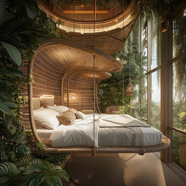 A modern, eco-friendly hotel room featuring natural light, sustainable wood furniture, and energy-efficient lighting. The room is decorated with plants and has a recycling bin visible, emphasizing environmental consciousness and comfort for travelers seeking green accommodation options.