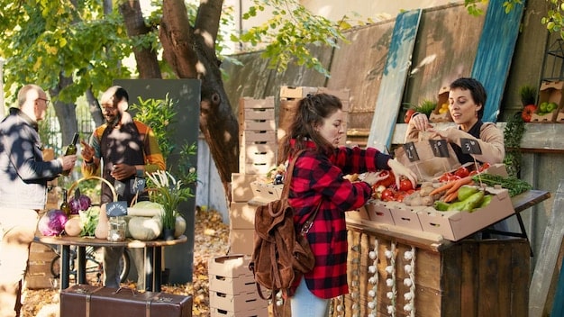 A vibrant farmers market in a small town in the US, showcasing local vendors selling fresh produce, homemade crafts, and artisanal goods. The scene is bustling with people, emphasizing community interaction and support for local agriculture and businesses, fostering a sense of cultural pride and sustainable economic development.