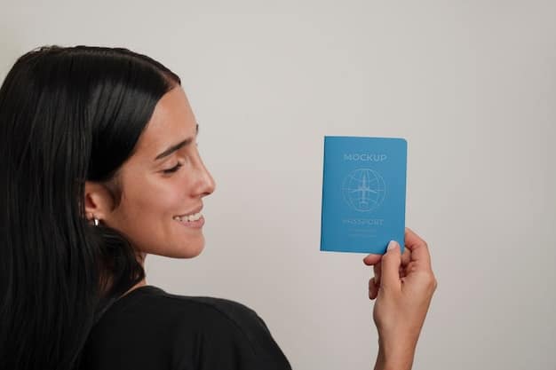 A person holding a US passport open, with a focus on the photo page. The background should be a blurred scene of an airport terminal, suggesting travel. The lighting should be bright and clear to emphasize the details of the passport photo and the holographic security features.