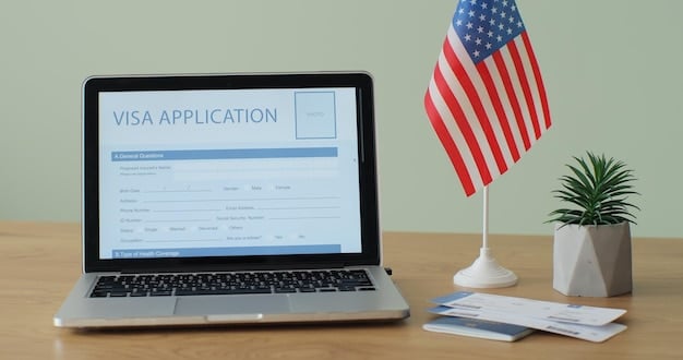 A split-screen image showing the online US visa application form (DS-160) on one side and a person attending a visa interview at a US embassy on the other side. The lighting on the application form should be bright and clear, while the embassy scene should have a more professional, neutral tone.