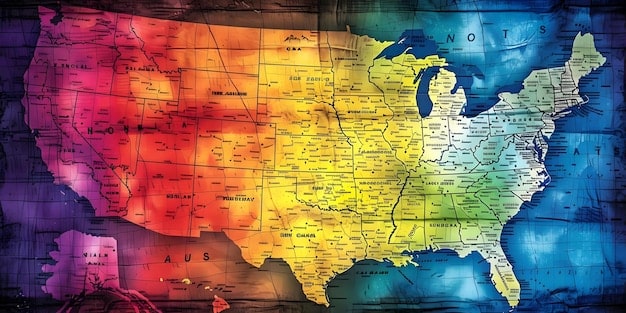 A detailed map of the United States, clearly demarcated with color-coded time zones, landmarks indicating major cities, and UTC offsets labeled for each zone. The map includes Alaska, Hawaii, and relevant US territories.