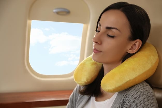 A person wearing an eye mask on a plane, with a travel pillow around their neck. Soft light filters in from the window, suggesting a comfortable and restful travel atmosphere.
