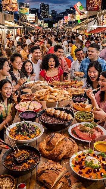A photo of a community gathering featuring traditional music and food stands, capturing the essence of cultural exchange and local traditions being shared with visitors.