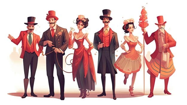 An illustration featuring iconic American comedians from different eras (e.g., Charlie Chaplin, Lucille Ball, Jon Stewart, Tiffany Haddish), each representing distinct styles of humor (slapstick, observational, political, dark).