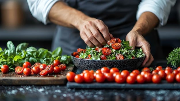 A close-up shot of a chef meticulously preparing a plant-based dish in a modern, sustainable restaurant kitchen, highlighting the use of fresh, locally sourced vegetables.