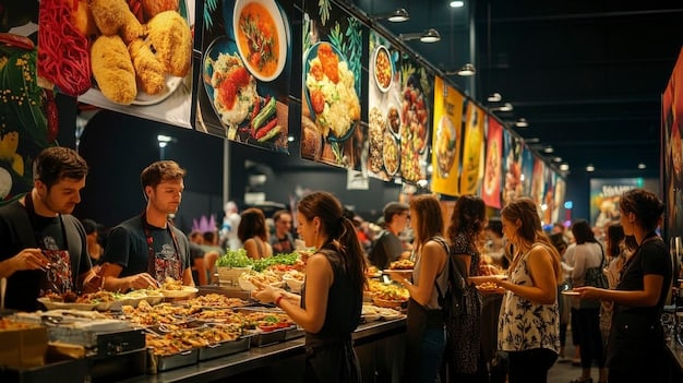 A bustling food hall showcasing diverse culinary stalls with chefs preparing dishes from various international cuisines, highlighting the fusion of global flavors in an American setting.