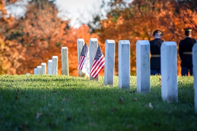 A respectful scene at Arlington National Cemetery on Memorial Day, showing rows of white headstones adorned with American flags, symbolizing the fallen soldiers who are honored on this day.