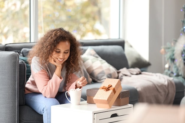 A person happily receiving a small gift from their hosts in a cozy home setting, depicting the polite gesture and gratitude in American gift-giving customs.